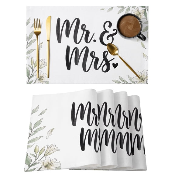 Weeding Placemats Set of 1 Romantic Mr Mrs Flowers Leaves Branches Place Mats Indoor Wipeable Table Mats Washable Cloth Dining Table Placemats for Kitchen Holiday Party Home Decor 13x19 Inch