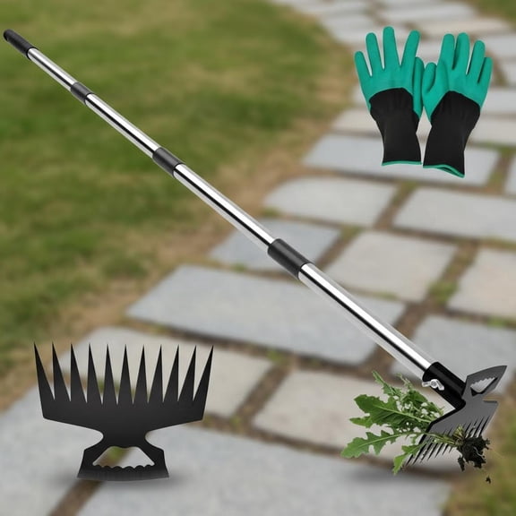 Weeding Puller Tool with Long Handle, Manual Weed Rake Weeder Remover Tool Gardening with Gloves, Dandelion Gardenia Uprooting Tool for Yard, Lawn, Patio and Garden