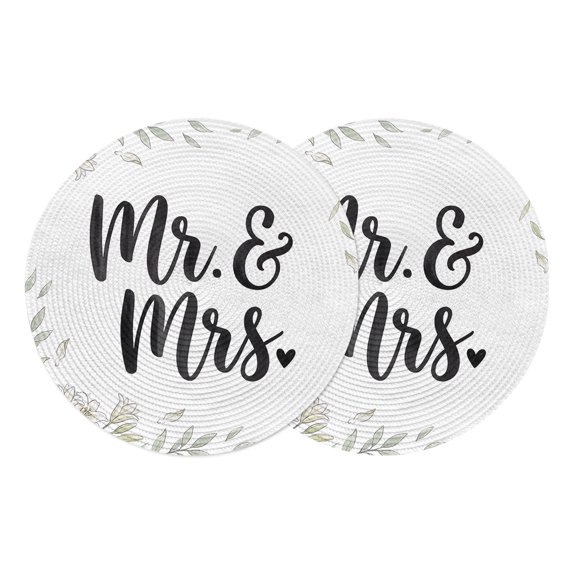 Weeding Round Placemats Set of 2 Romantic Mr Mrs Flowers Leaves Branches Place Mats Indoor Woven Table Mats Washable Heat-Resistance Braided Dining Table Placemats for Kitchen Party Decor 13 Inch