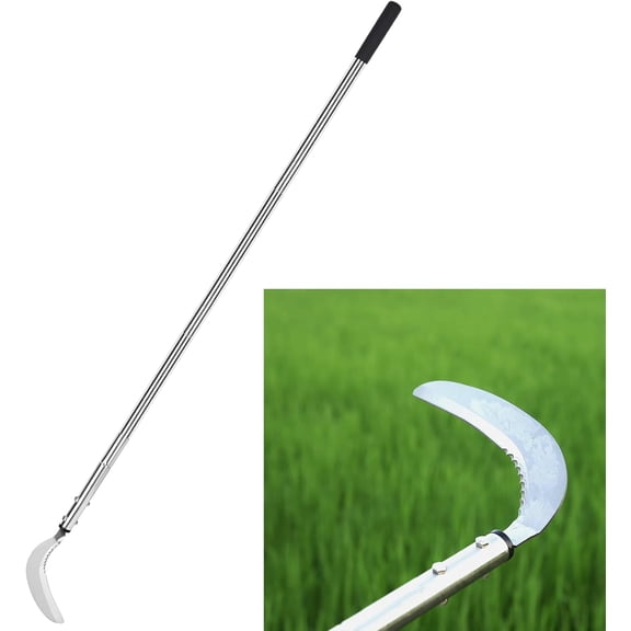 Weeding Sickle, 51-Inch Adjustable Long Handle | Serrated & Plain-Edged Combined Steel Scythe, Lightweight Long Handled Garden Sickle ToolIdeal for Overgrown Areas