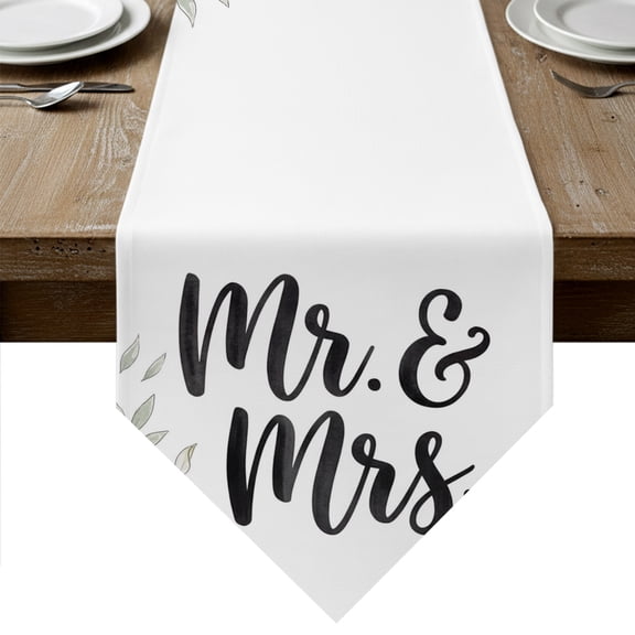Weeding Table Runner Linen Burlap Table Runner 48 Inches Long Romantic Mr Mrs Flowers Leaves Branches Dresser Scarves for Kitchen Island Coffee Dining Room Party Wedding Holiday Decoration 13"x48"