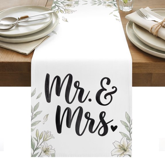 Weeding Table Runner Romantic Mr Mrs Flowers Leaves Branches Tablerunners 13 x 48 Inch, Table Decorations Tabletop Scarf for Summer Gathering Holiday Farmhouse Kitchen Dining Decor