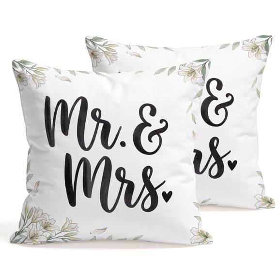 Weeding Throw Pillow Covers 16 x 16 Inch Pillow Covers Set of 2 Decorative Romantic Mr Mrs Flowers Leaves Branches Cushion Case Square Cotton Linen Pillowcases with Zipper for Couch Sofa Bed