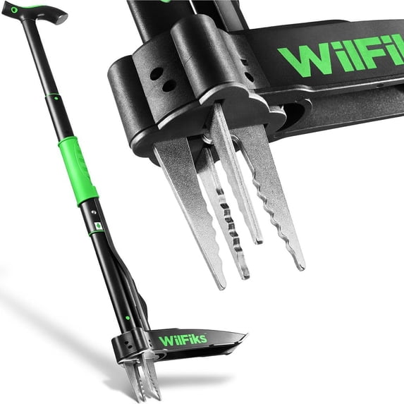 Weeding tool with long adjustable handle (37 inches, 39 inches, and 44 inches), quick release weeding ejection mechanism, lightweight aluminum standing heavy-duty weeder, 4-claw head and foot pedal e