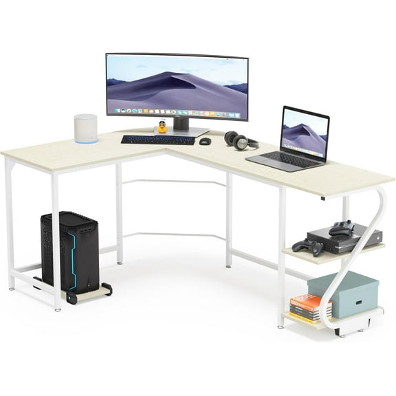 Weehom Reversible l Shaped Computer Desk with Storage Home Gaming Office Writing Workstation Corner Table for Small Space Beige