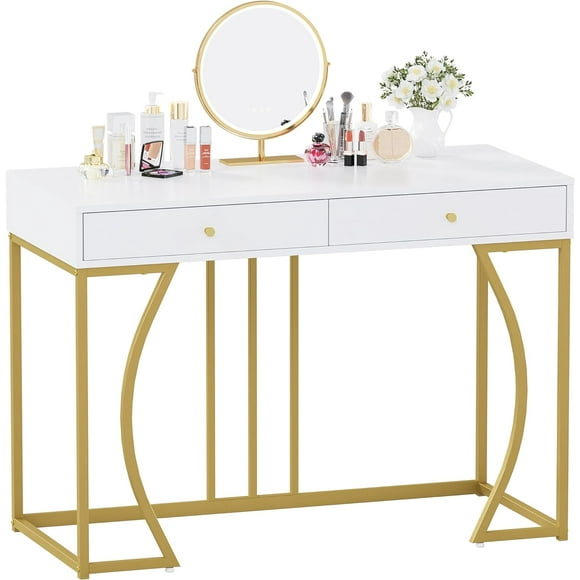 Weehom Vanity Desk with Drawers - Modern Makeup Desk for Bedroom, Functional Dressing Table, or Small Computer Desk with Drawers for Home office, White and Gold