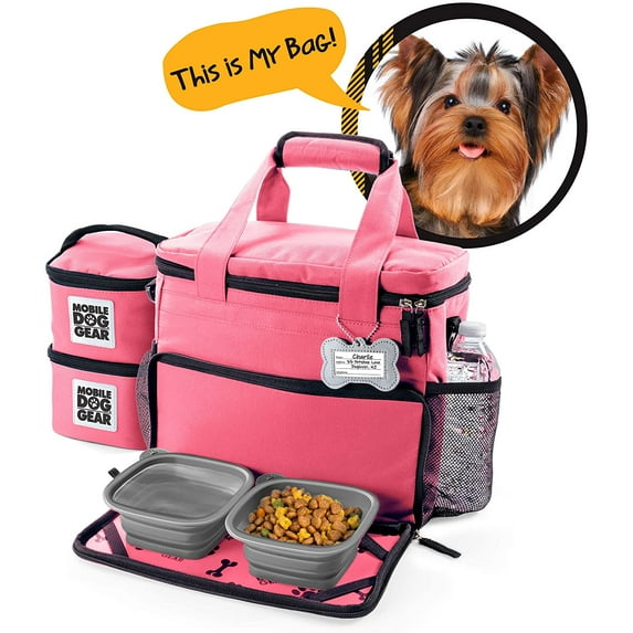 Week Away Travel Bag for Small Dogs, Pink with Food Carriers & Collapsible Bowls