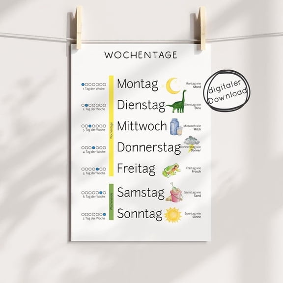 Weekdays Poster Children PDF, Time Days Weekdays Learning, PDF to Print, Montessori School Preschool Daycare Print, Unframed Paper Poster 8x10in