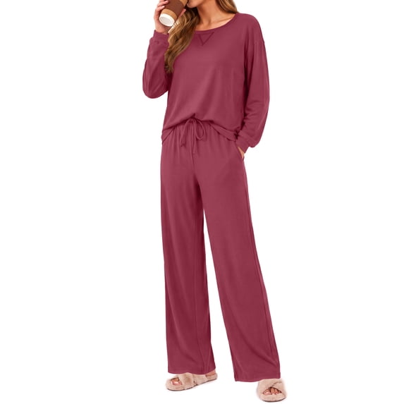 Weekease 2 Piece Pajama Set for Women Crew Neck Long Sleeve Tops Drawstring Pants Casual Sleepwear Fall Nightwear with Pockets