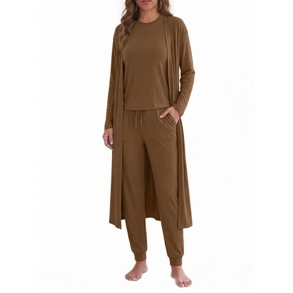 Weekease 3 Piece Sets for Women Crew Neck Tank Pockets Drawstring Pant Long Sleeve Cardigan Fall Pajamas Comfy Loungewear