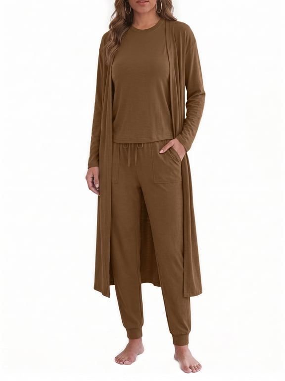 3 Piece Sets for Women Crew Neck Tank Pockets Drawstring Pant Long Sleeve Cardigan Fall Pajamas Comfy Loungewear