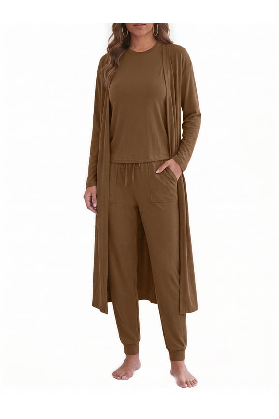 3 Piece Sets for Women Crew Neck Tank Pockets Drawstring Pant Long Sleeve Cardigan Comfy Pajama