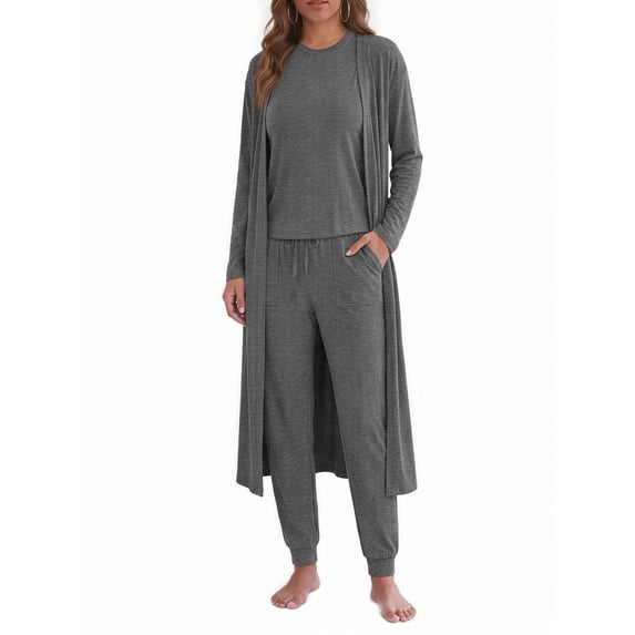 Weekease 3 Piece Sets for Women Crew Neck Tank Pockets Drawstring Pant Long Sleeve Cardigan Fall Pajamas Comfy Loungewear