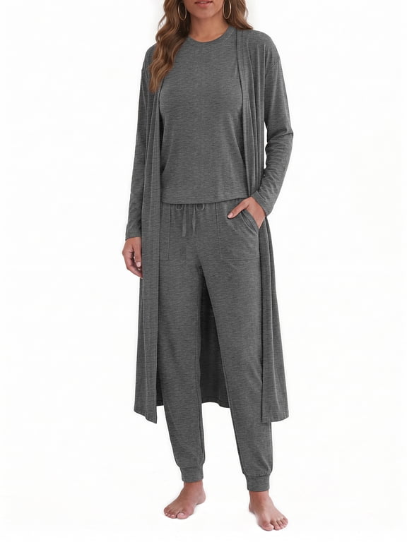 3 Piece Sets for Women Crew Neck Tank Pockets Drawstring Pant Long Sleeve Cardigan Fall Pajamas Comfy Loungewear