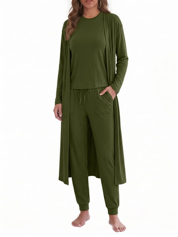 3 Piece Sets for Women Crew Neck Tank Pockets Drawstring Pant Long Sleeve Cardigan Fall Pajamas Comfy Loungewear
