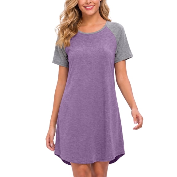 Weekease Nightgowns for Women Short Sleeve Crew Neck Sleepdresses Oversize Sleepshirt Color Block Nightdresses