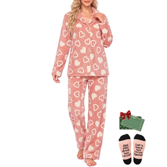 Weekease Fleece Pajamas for Woman Set Notched Collar Button up Tops Drawstring Pants Two Piece Soft Winter Sleepwear