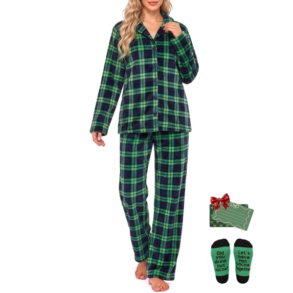 Weekease Fleece Pajamas for Woman Set Notched Collar Button up Tops Drawstring Pants Two Piece Soft Winter Sleepwear