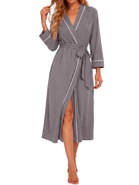 Lounge Bathrobe for Women V Neck Three Quarter Sleeves Nightgown Flowy Comfortable Robe Vacation Pajamas with Pockets