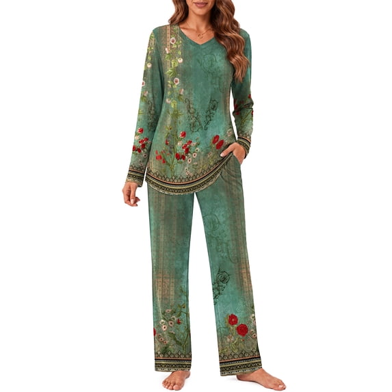 Weekease Long Sleeve Pajamas Set for Women V Neck Tops Wide Leg Pants 2 Piece Lounge Fall Sleepwear with Pockets