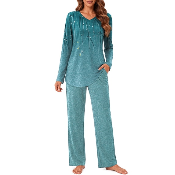 Weekease Long Sleeve Pajamas Set for Women V Neck Tops Wide Leg Pants 2 Piece Lounge Fall Sleepwear with Pockets