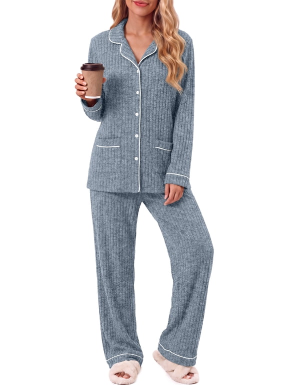Pajama sets for Women Button up Tops Drawstring Pants Sleepwear Contrast Piping Fall Nightwear with Pockets