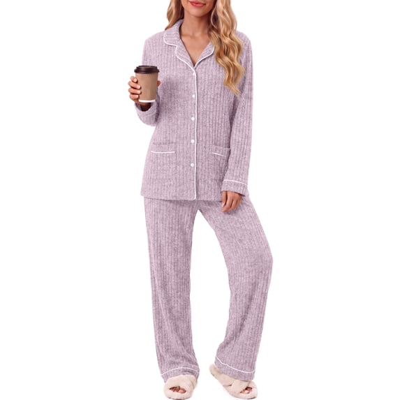 Weekease Pajama sets for Women Button up Tops Drawstring Pants Sleepwear Contrast Piping Fall Nightwear with Pockets