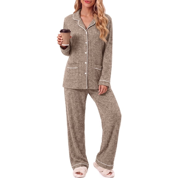 Weekease Pajama sets for Women Button up Tops Drawstring Pants Sleepwear Contrast Piping Fall Nightwear with Pockets