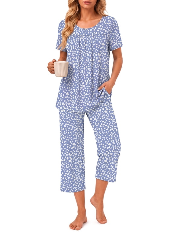 Two Piece Pajamas for Women Set Crew Neck Short Sleeve Tops Capris Summer Loungewear with Pockets