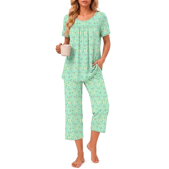 Weekease Pajamas for Women Crew Neck Short Sleeve Tops And Pockets Capris Two Piece Sleepwears Summer Set