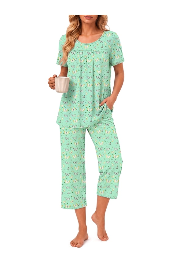 Pajamas for Women Crew Neck Short Sleeve Tops And Pockets Capris Two Piece Sleepwears Summer Set
