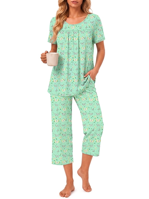 Two Piece Pajamas for Women Set Crew Neck Short Sleeve Tops Capris Summer Loungewear with Pockets