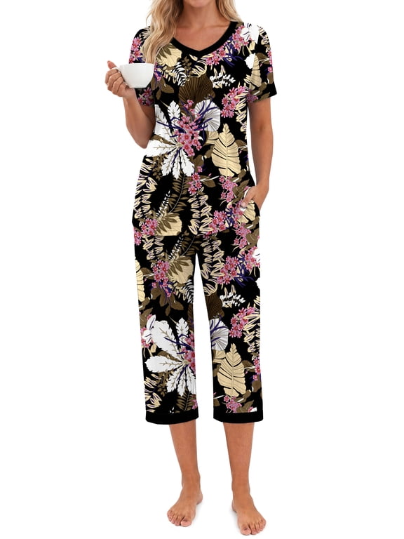 Printed Two Piece Pajama Sets for Women V Neck Short Sleeve Tops and Capri Casual Summer Sleepwear