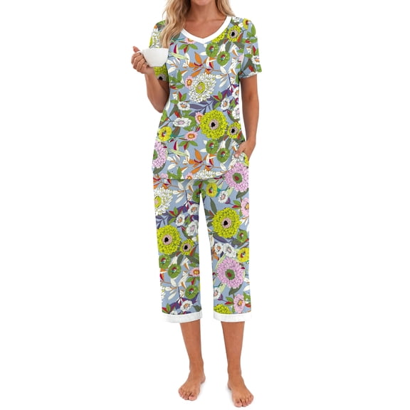 Weekease Printed Two Piece Pajama Sets for Women V Neck Short Sleeve Tops and Capri Casual Summer Sleepwear
