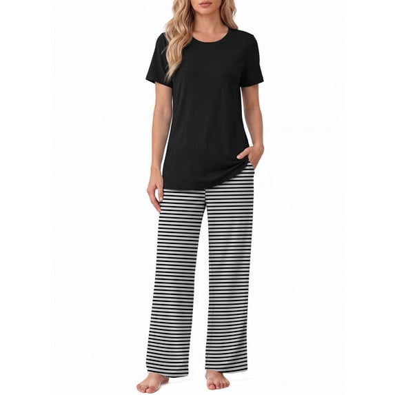 Weekease Two Piece Pajama Sets for Women Crew Neck Short Sleeve Tops and Printed Pant Casual Sleepwear
