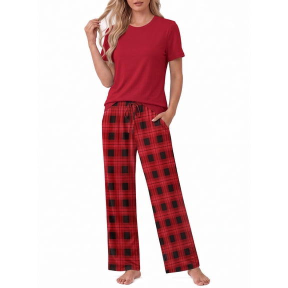 Weekease Two Piece Pajama Sets for Women Crew Neck Short Sleeve Tops and Printed Pant Casual Sleepwear