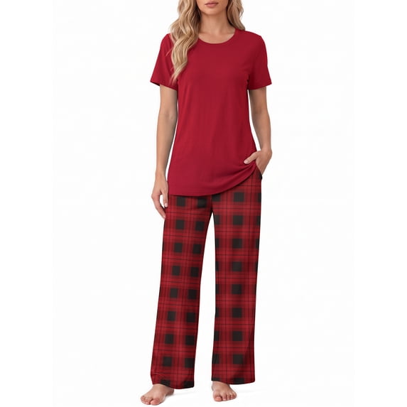 Weekease Two Piece Pajama Sets for Women Crew Neck Short Sleeve Tops and Printed Pant Casual Sleepwear