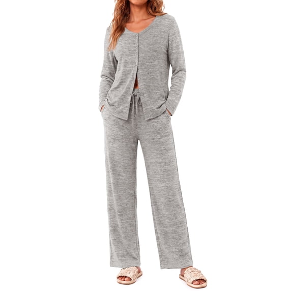 Weekease Two Piece Pajama Sets for Woman V Neck Button Up Tops Drawstring Pants Casual Lounge Set with Pockets