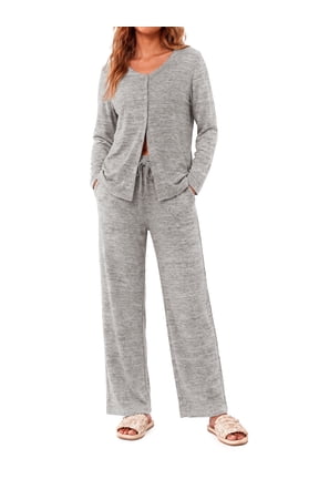 Two Piece Pajama Sets for Woman V Neck Button Up Tops Drawstring Pants Casual Lounge Set with Pockets