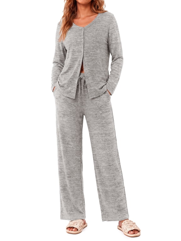 Two Piece Pajama Sets for Women V Neck Button up Tops Drawstring Pants Casual Lounge Set with Pockets