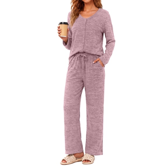 Weekease Two Piece Pajama Sets for Women V Neck Button up Tops Drawstring Pants Casual Lounge Set with Pockets