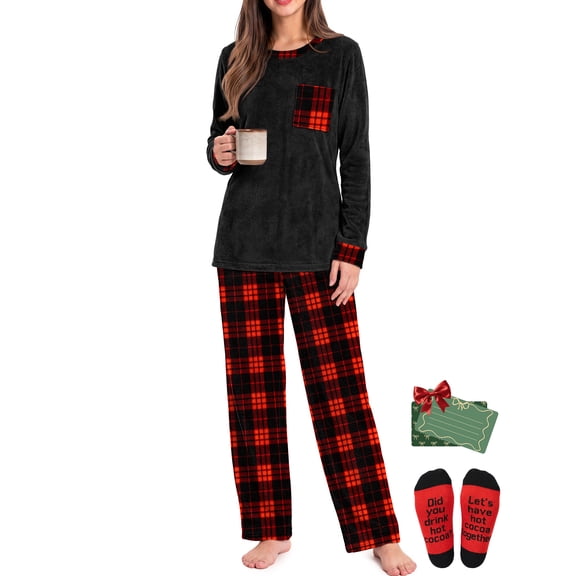 Weekease Flannel Women Pajamas Set Crew Neck Long Sleeve Tops Drawstring Pants Printed Nightwear Winter Sleepwear with Pockets
