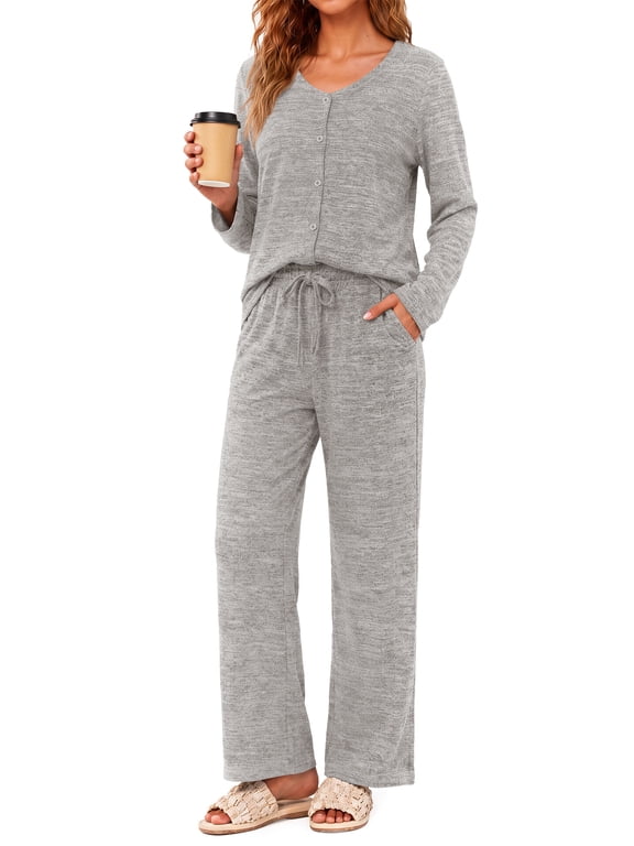 Two Piece Pajama Sets for Women V Neck Button up Tops Drawstring Pants Casual Lounge Set with Pockets