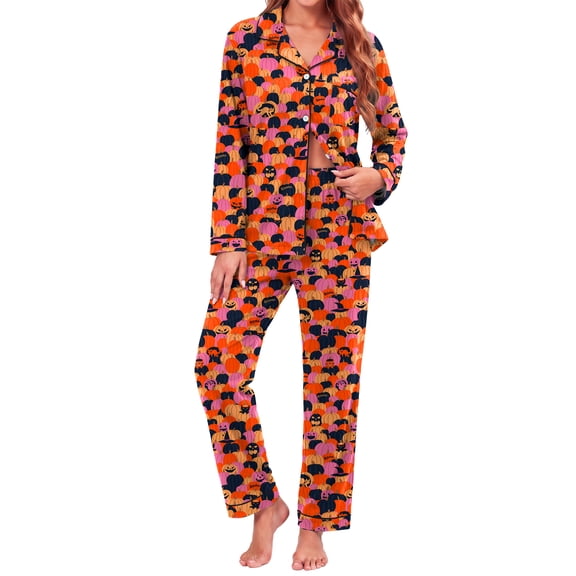 Weekease Two Piece Pajamas for Women Set Button Down Long Sleeve Tops Long Pants Printed Sleepwear Fall Nightwear with Pockets