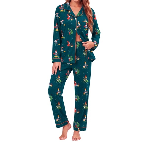 Weekease Two Piece Halloween Pajamas for Women Set Button up Long Sleeve Tops Long Pants Printed Sleepwear Lightweight Fall Nightwear with Pockets