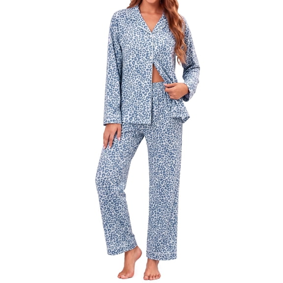 Weekease Two Piece Pajamas for Women Set Button Up Long Sleeve Tops Long Pants Printed Sleepwear Fall Nightwear with Pockets