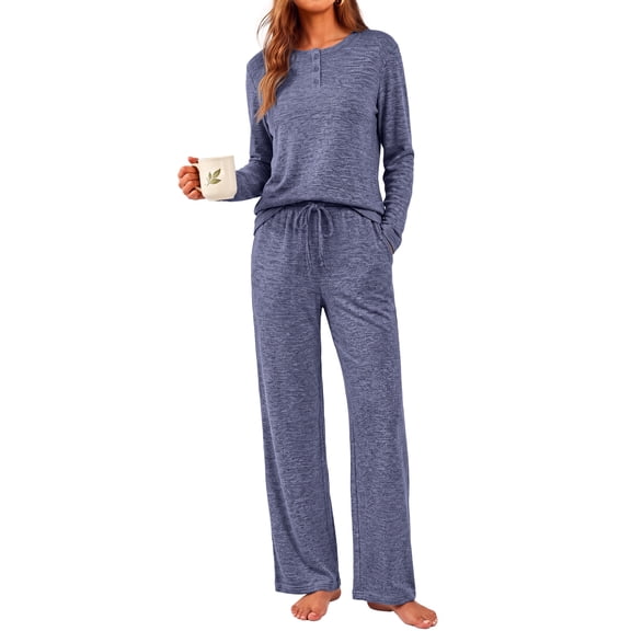 Weekease Woman Pajamas Set Henley Neck Long Sleeve Tops Drawstring Pants Two Piece Outfit Loungewear with Pockets