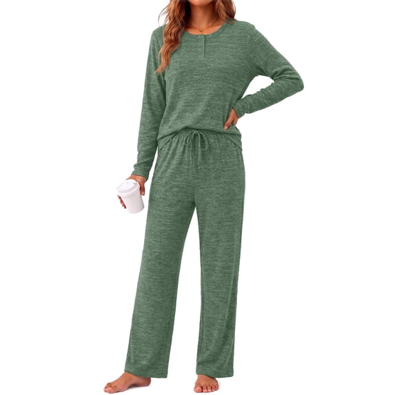 Weekease Woman Pajamas Set Henley Neck Long Sleeve Tops Drawstring Pants Two Piece Outfit Loungewear with Pockets
