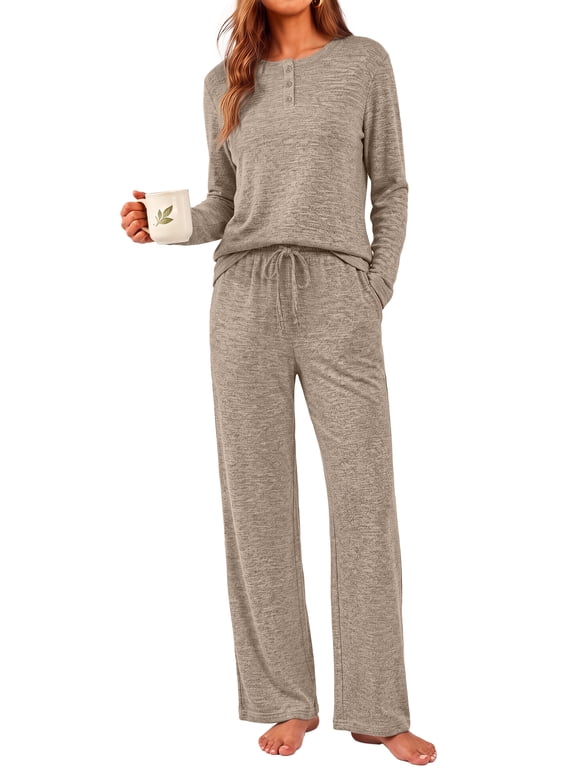 Woman Pajamas Set Henley Neck Long Sleeve Tops Drawstring Pants Two Piece Outfit Loungewear with Pockets