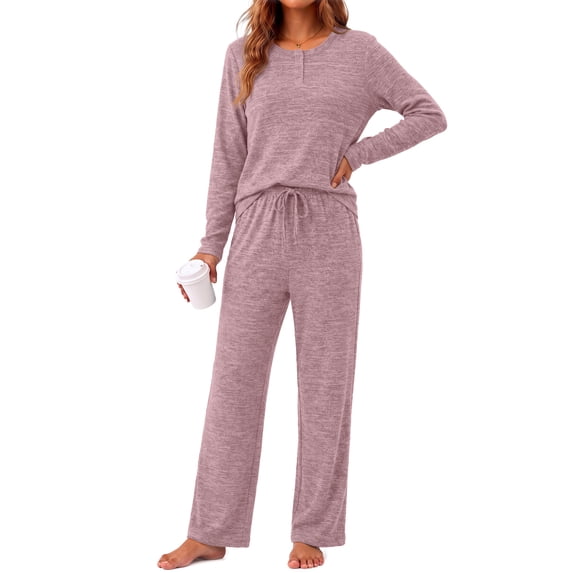 Weekease Woman Pajamas Set Henley Neck Long Sleeve Tops Drawstring Pants Two Piece Outfit Loungewear with Pockets